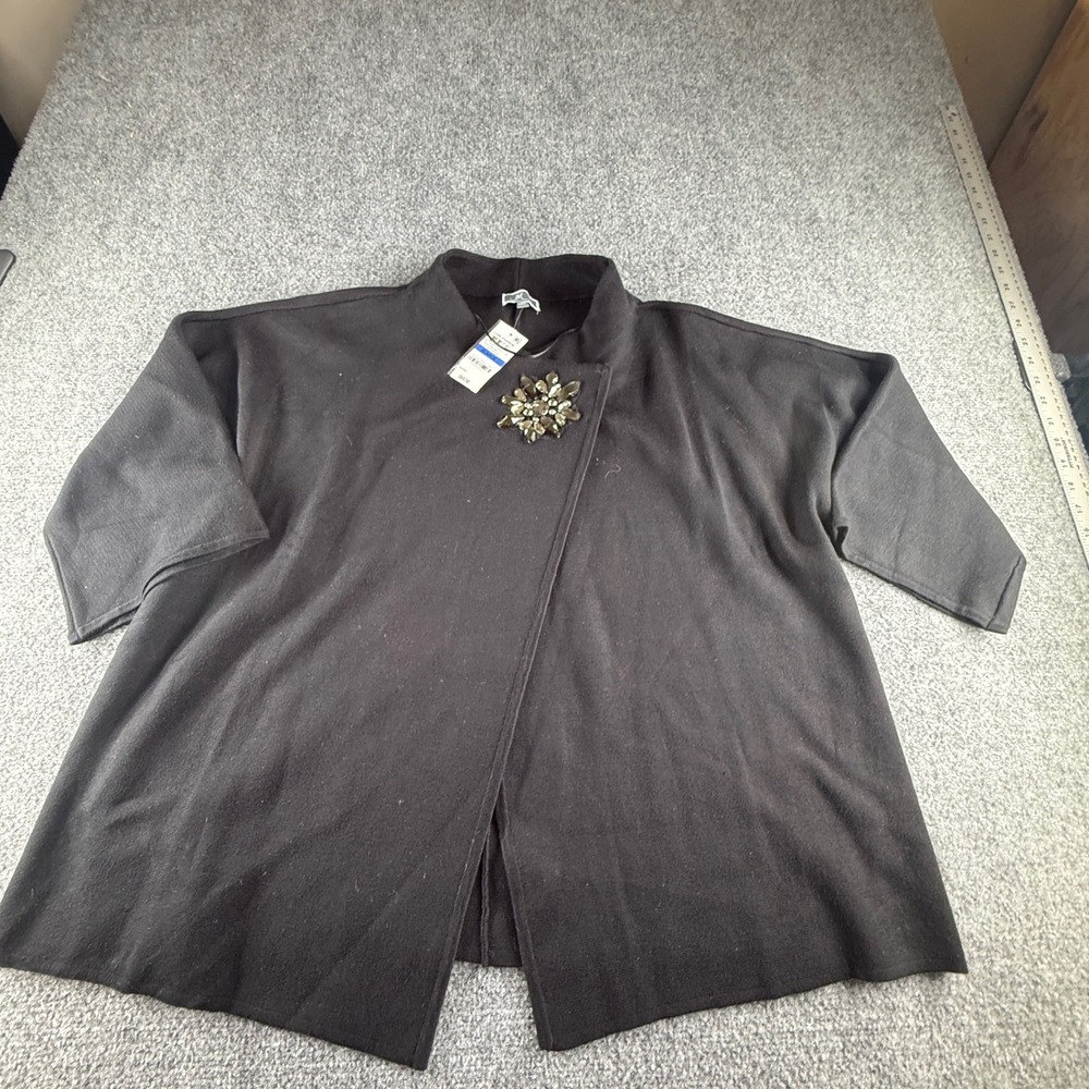 JM Collection Deep Black Crystal Brooch Cardigan Sweater XL 91257JM